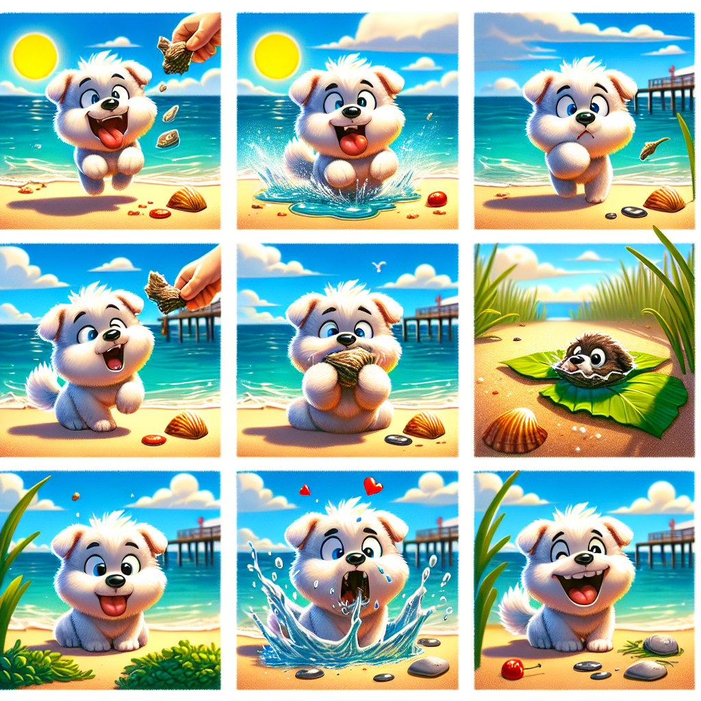 Colorful cartoon storyboard showing 8 key scenes from The Dog and His Reflection