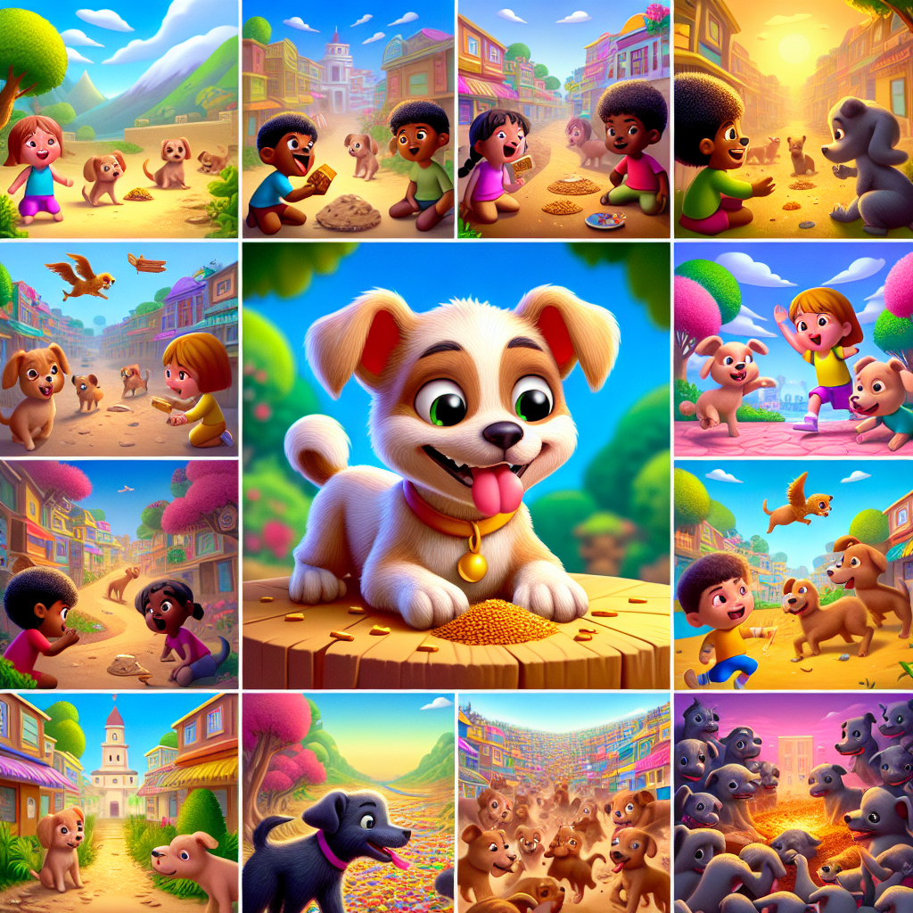 Colorful cartoon storyboard showing 8 key scenes from The Dog in the Manger