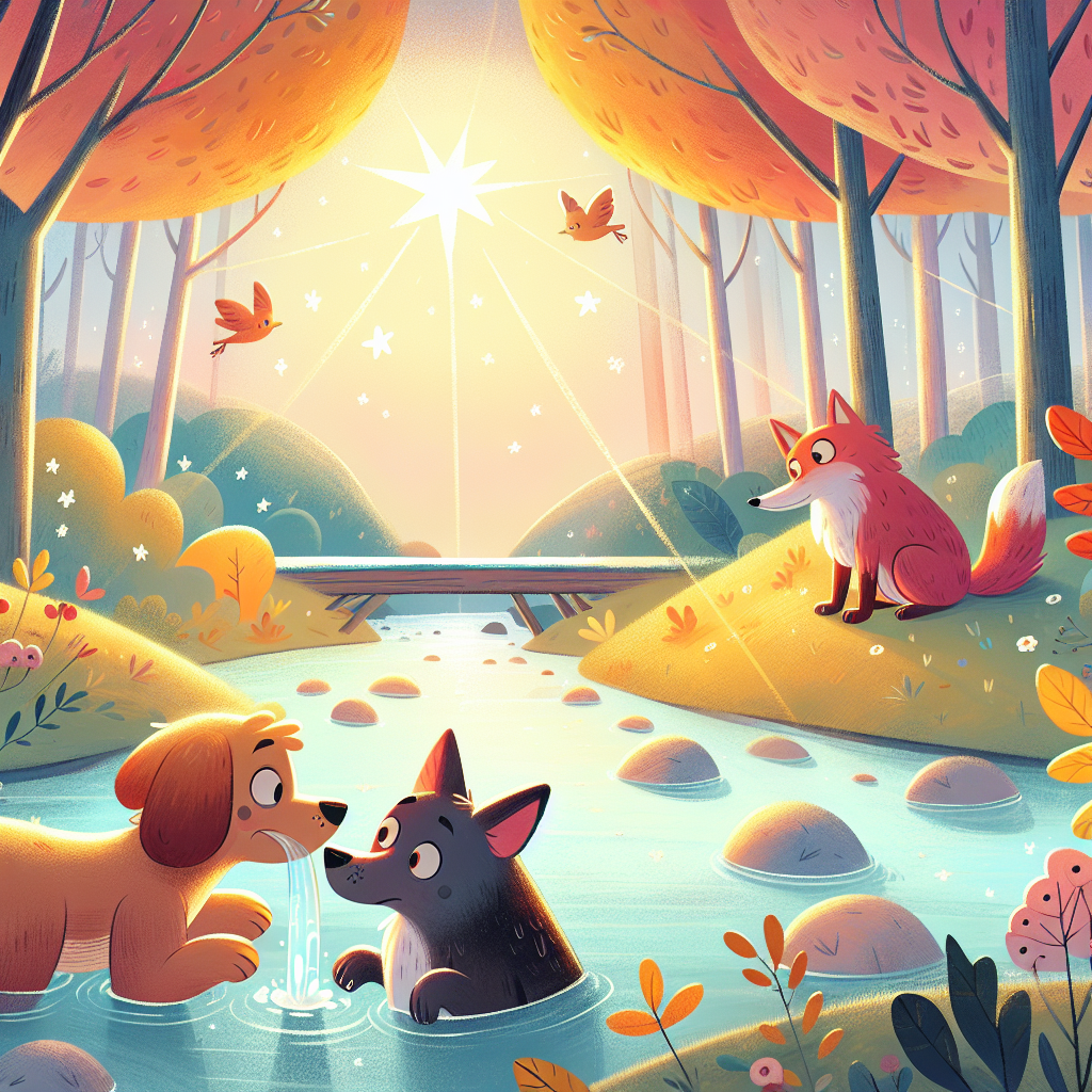 Colorful children's illustration for the story: The Dogs and the Hides