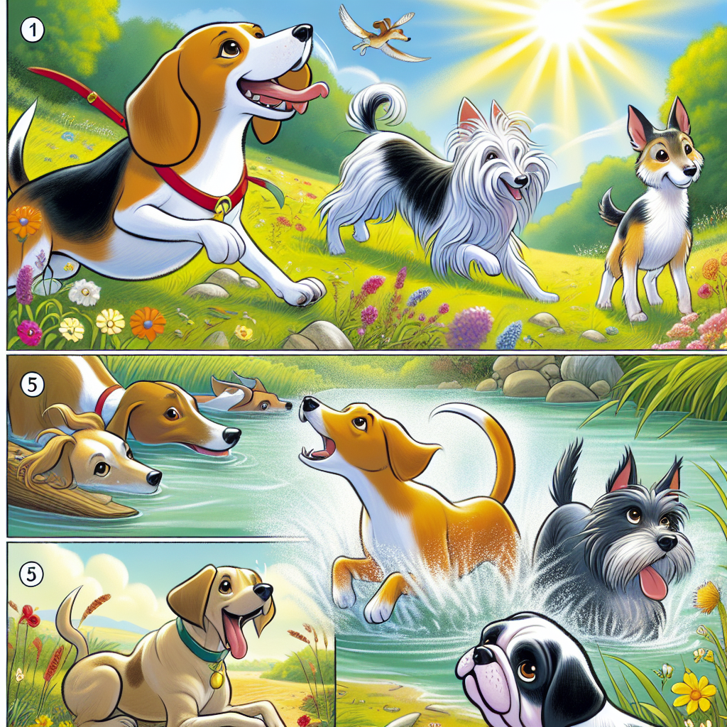 Colorful cartoon storyboard showing 8 key scenes from The Dogs and the Hides
