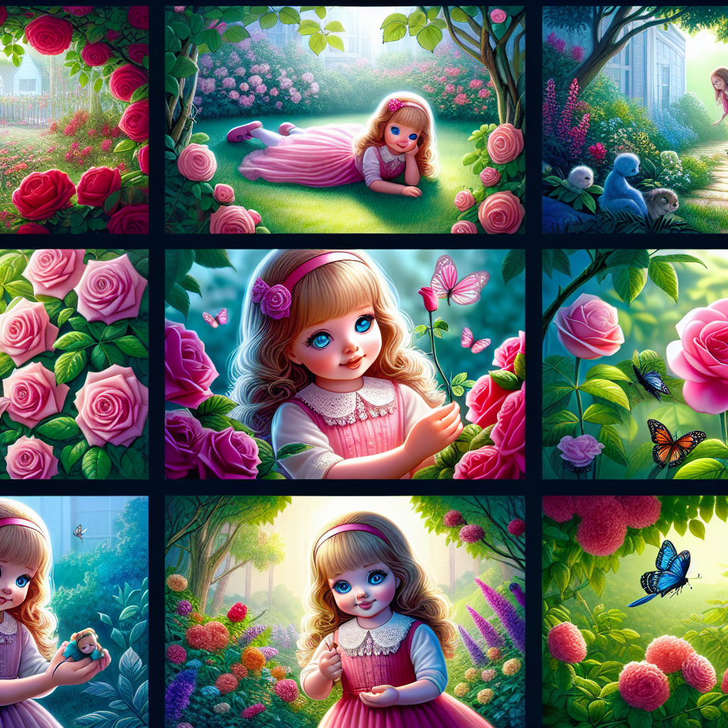 Colorful cartoon storyboard showing 8 key scenes from The Doll Beneath the Roses