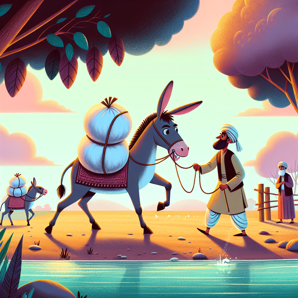 Colorful children's illustration for the story: The Donkey and the Salt Bags