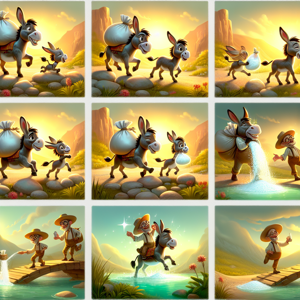 Colorful cartoon storyboard showing 8 key scenes from The Donkey and the Salt Bags