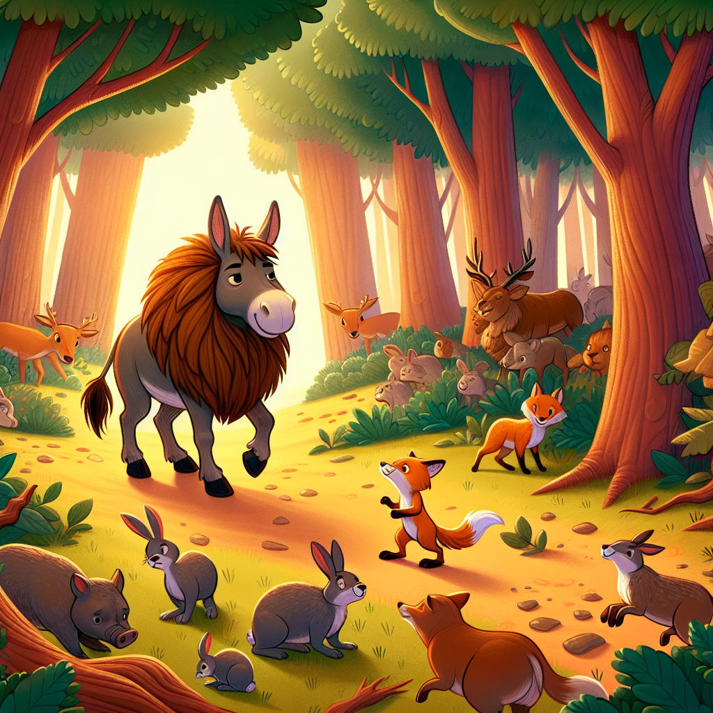Colorful children's illustration for the story: The Donkey in the Lion's Skin