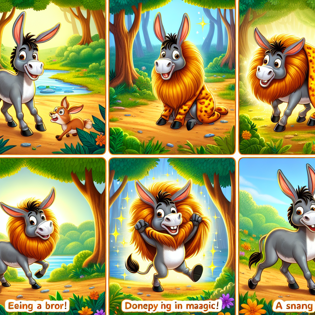 Colorful cartoon storyboard showing 8 key scenes from The Donkey in the Lion's Skin
