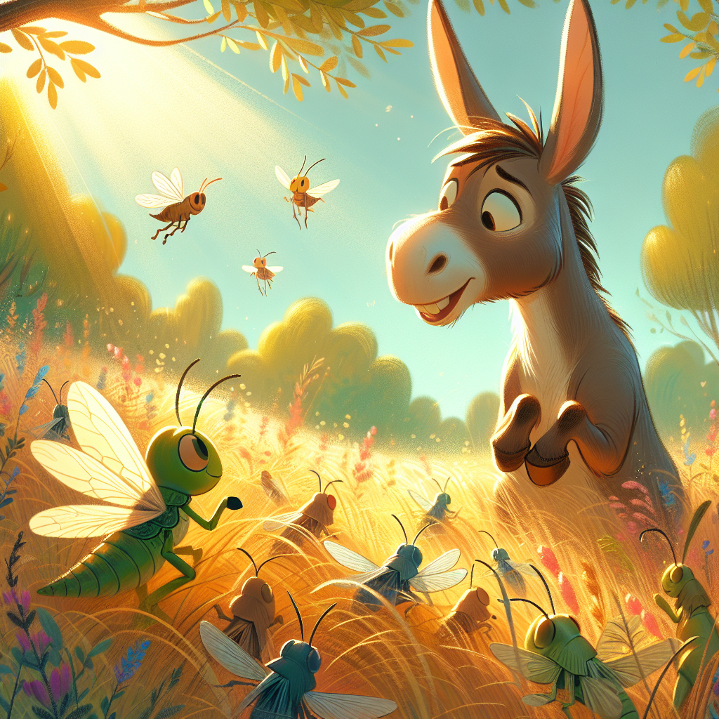 Colorful children's illustration for the story: The Donkey and the Grasshopper