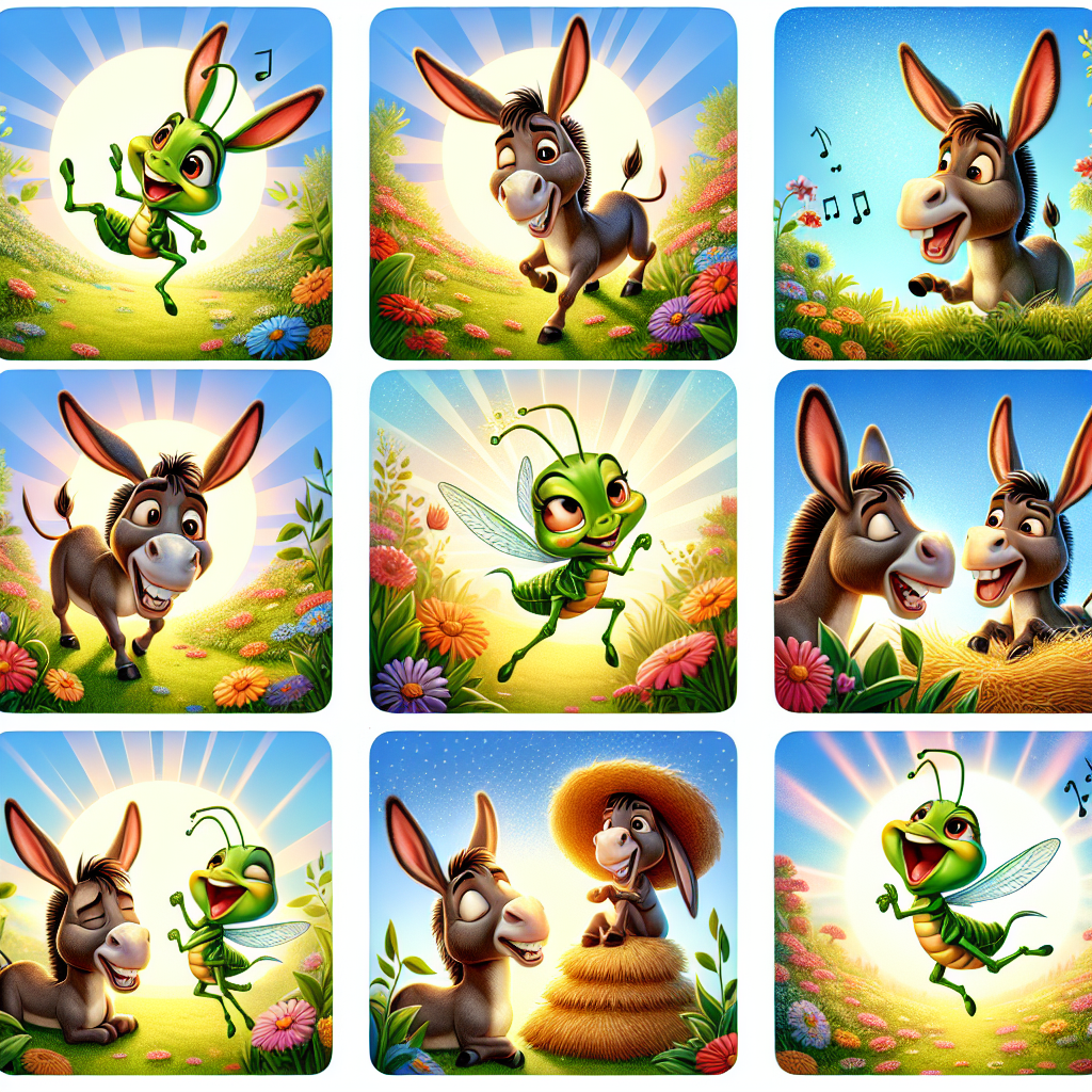 Colorful cartoon storyboard showing 8 key scenes from The Donkey and the Grasshopper