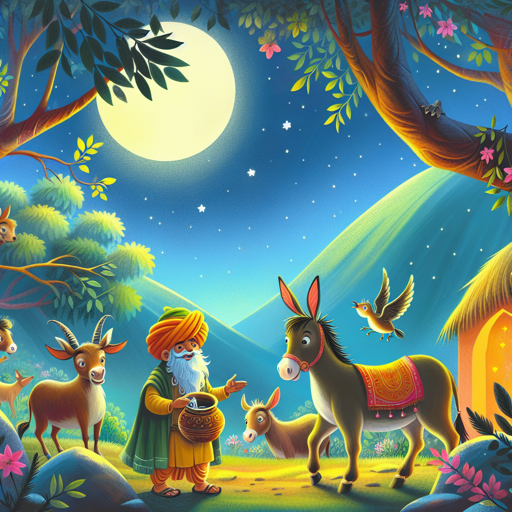 Colorful children's illustration for the story: The Donkey in the Tiger's Skin