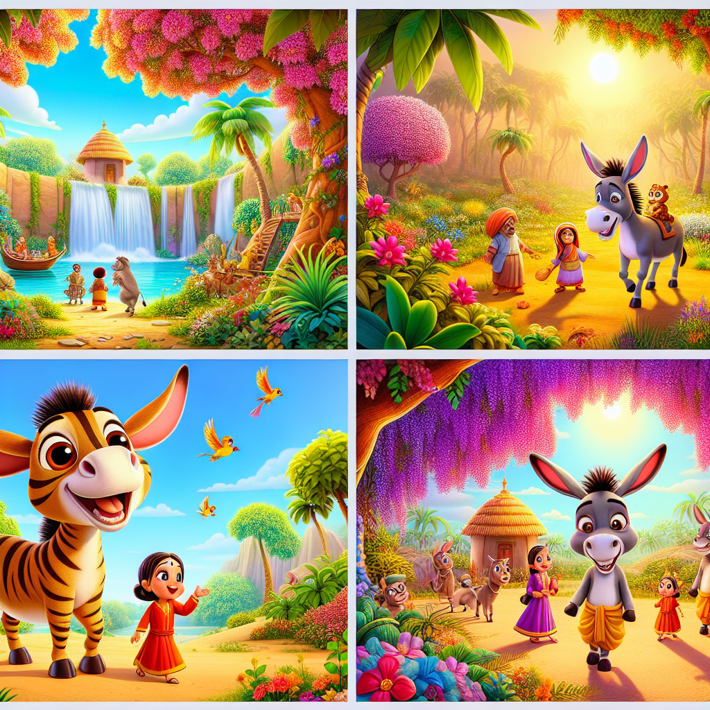 Colorful cartoon storyboard showing 8 key scenes from The Donkey in the Tiger's Skin