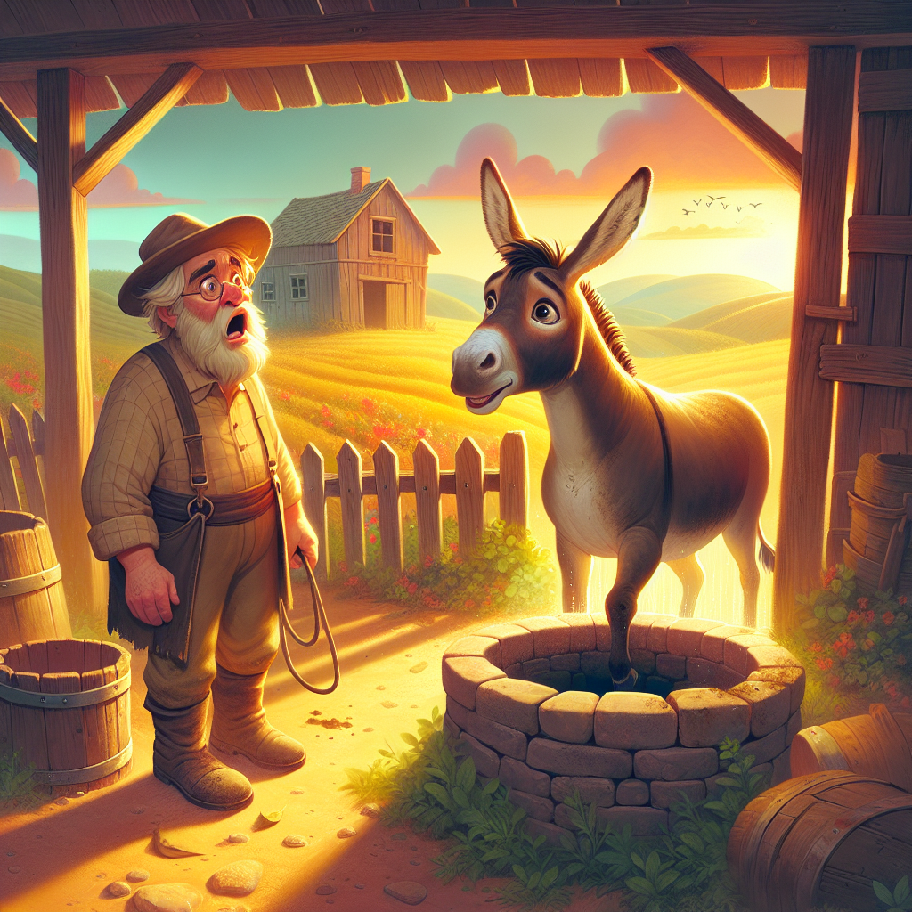 Colorful children's illustration for the story: The Donkey That Shook It Off
