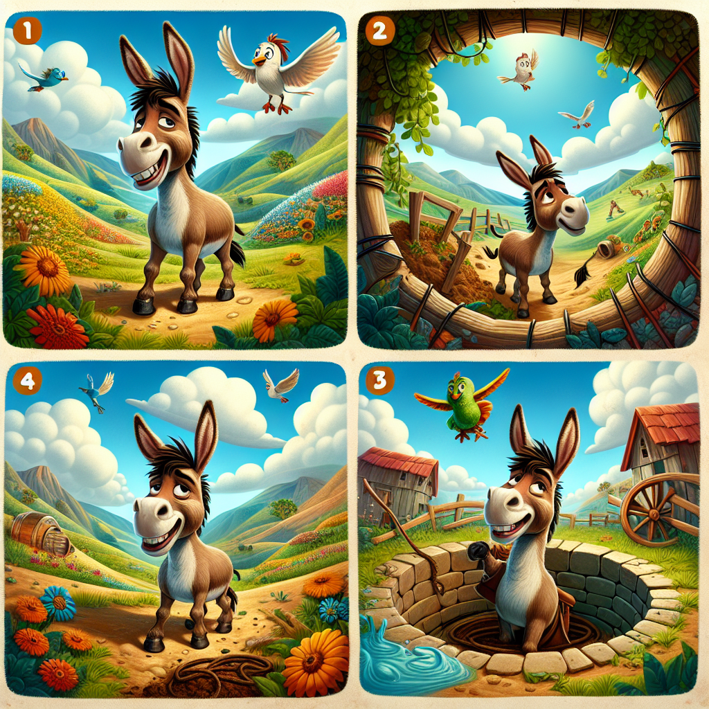 Colorful cartoon storyboard showing 8 key scenes from The Donkey That Shook It Off
