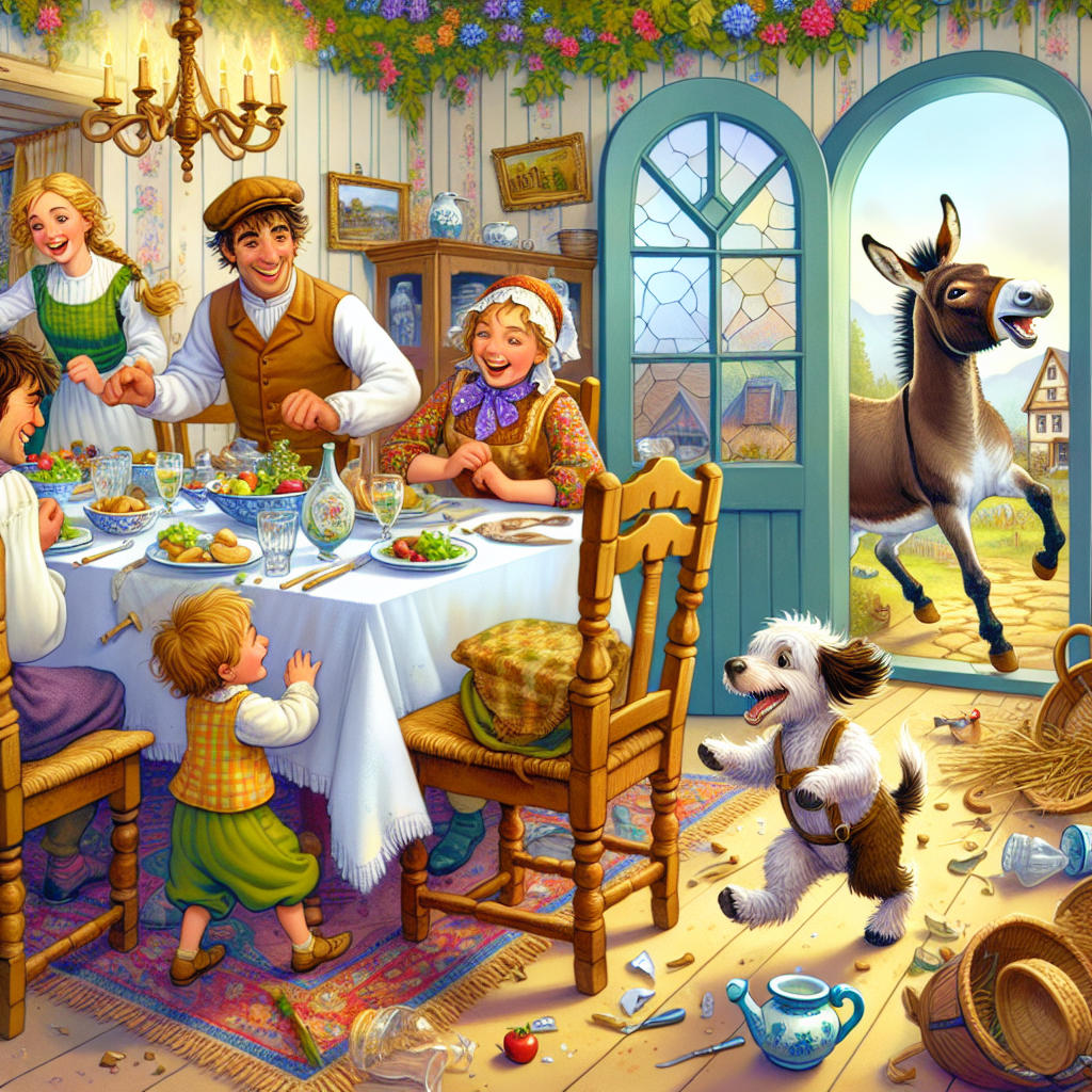 Colorful children's illustration for the story: The Donkey and the Lapdog