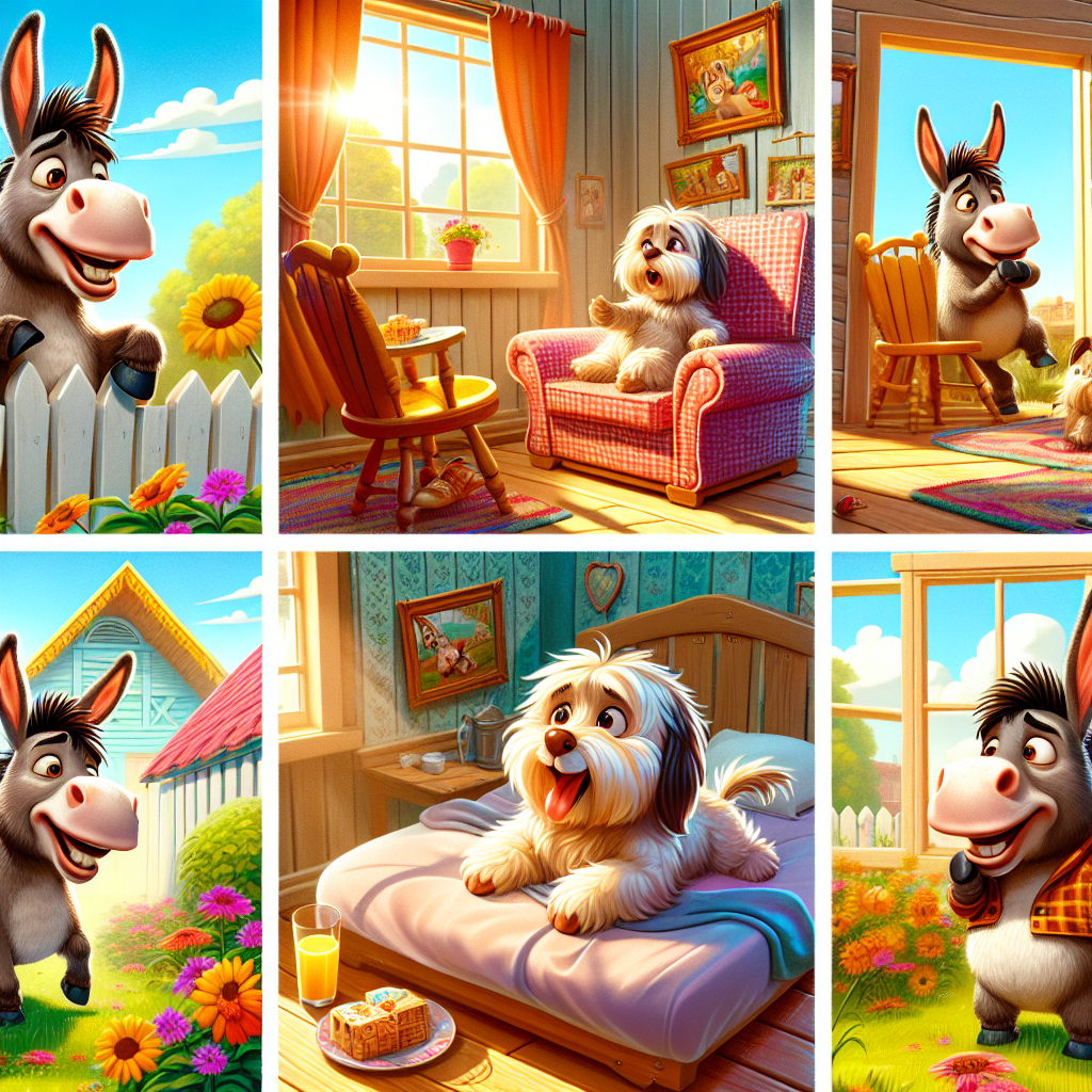 Colorful cartoon storyboard showing 8 key scenes from The Donkey and the Lapdog