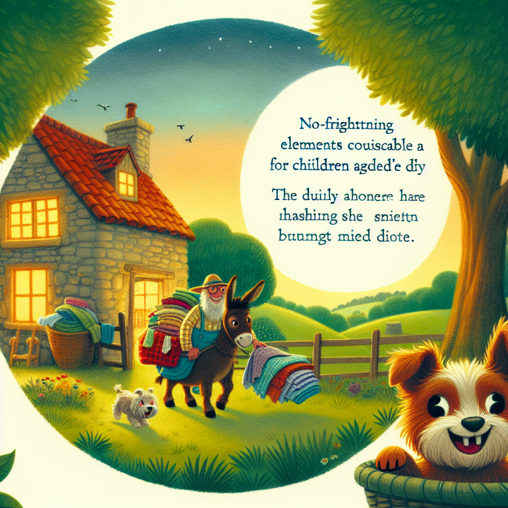 Colorful children's illustration for the story: The Donkey Who Wanted to Be a Dog