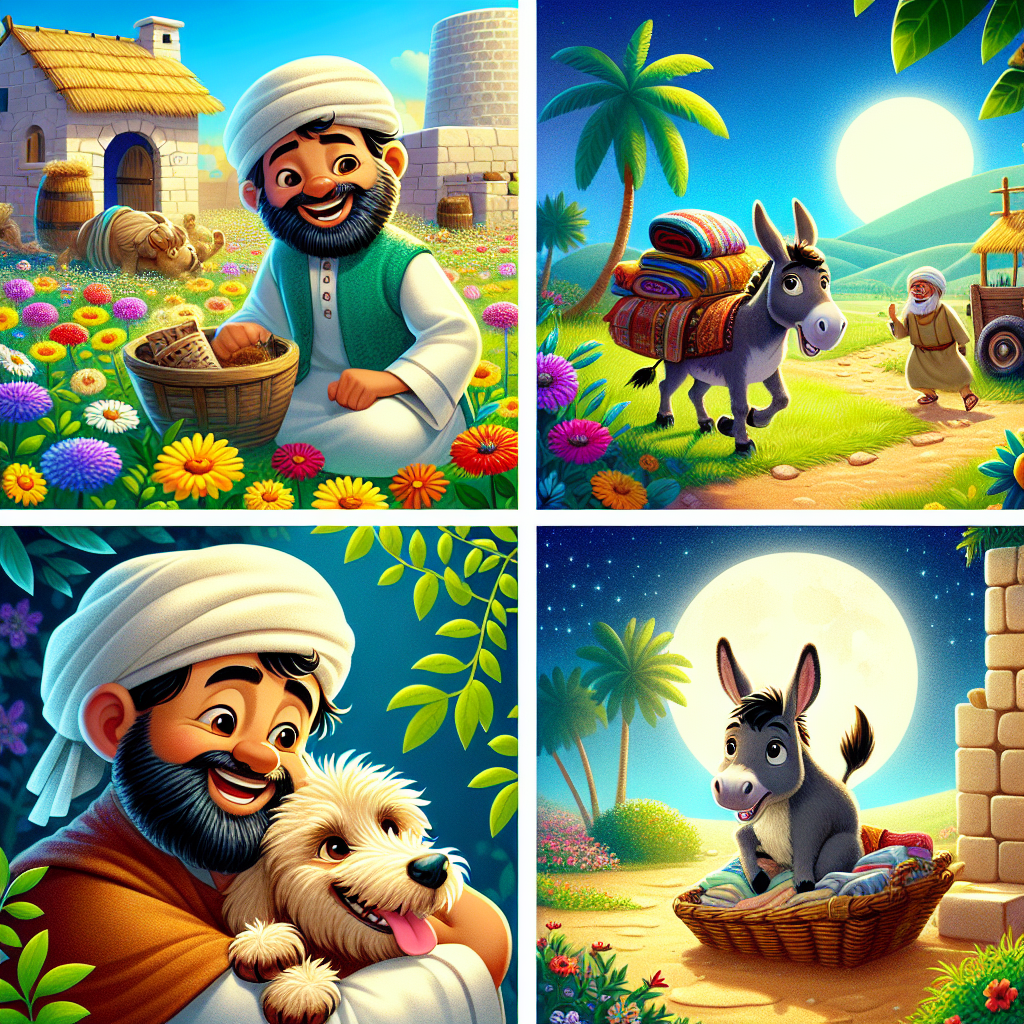 Colorful cartoon storyboard showing 8 key scenes from The Donkey Who Wanted to Be a Dog