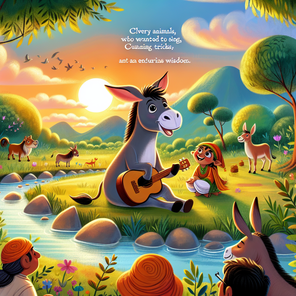 Colorful children's illustration for the story: The Donkey Who Wanted to Sing