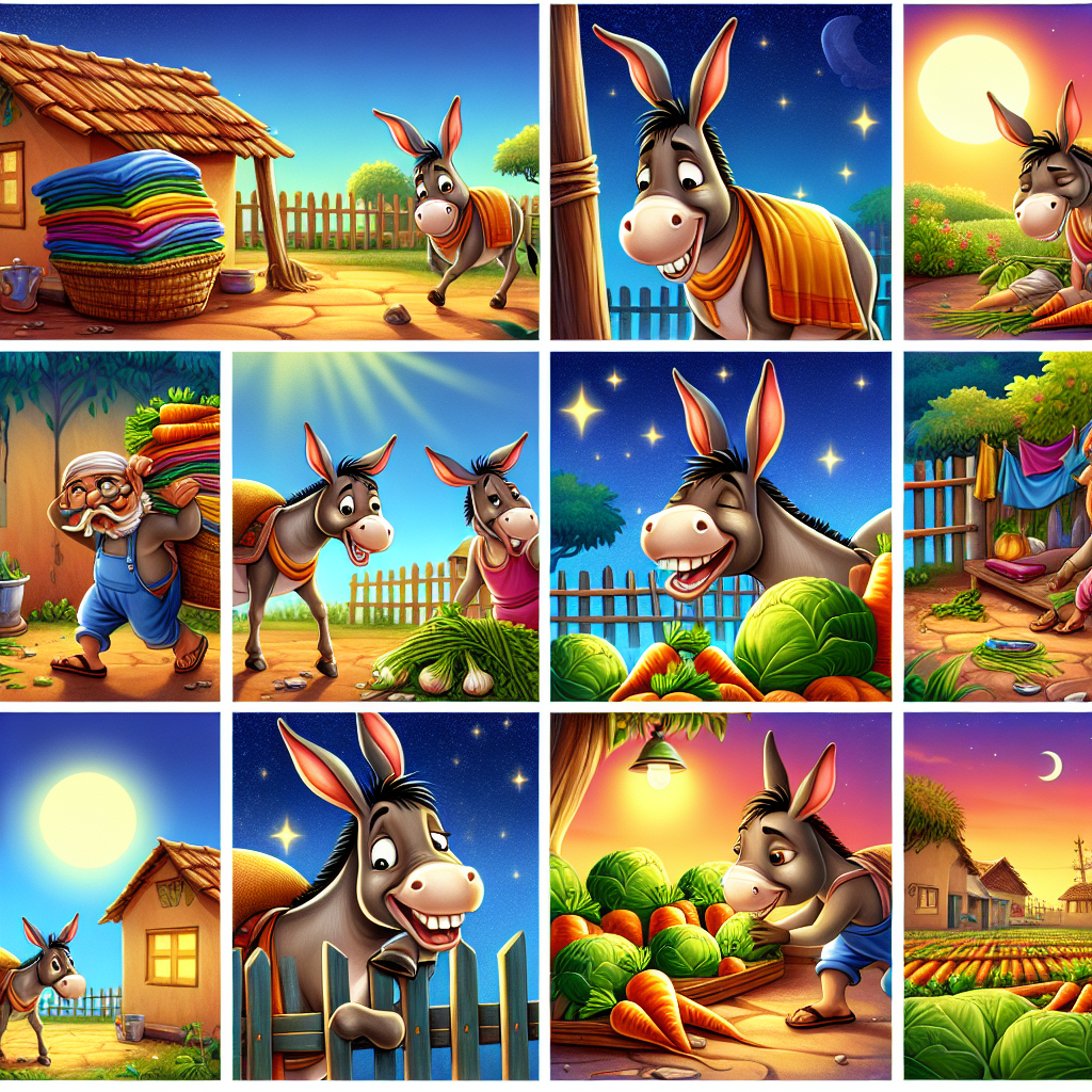 Colorful cartoon storyboard showing 8 key scenes from The Donkey Who Wanted to Sing