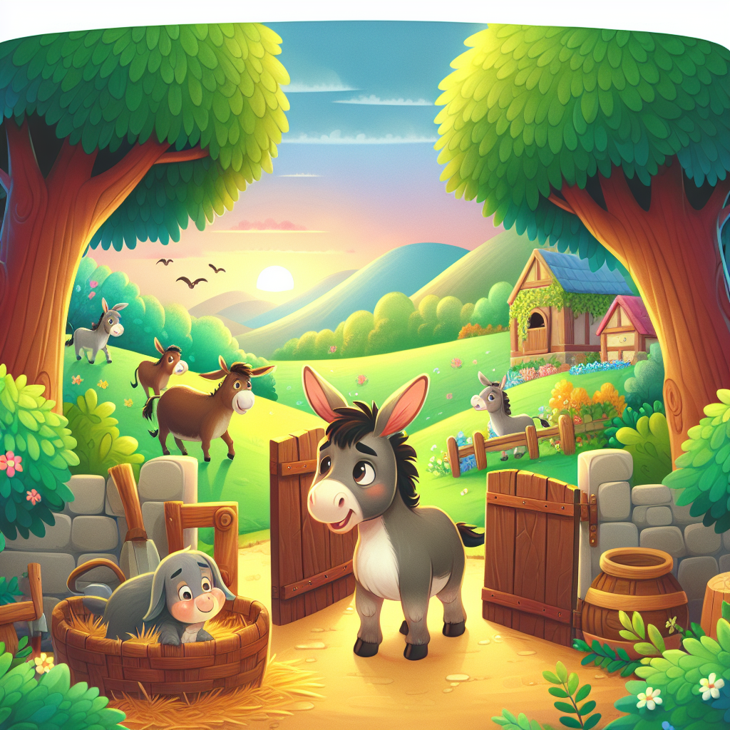 Colorful children's illustration for the story: The Donkey and the Wolf