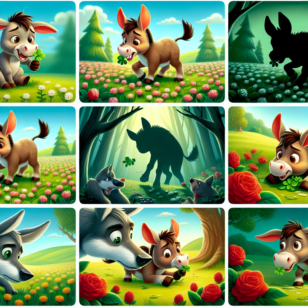 Colorful cartoon storyboard showing 8 key scenes from The Donkey and the Wolf
