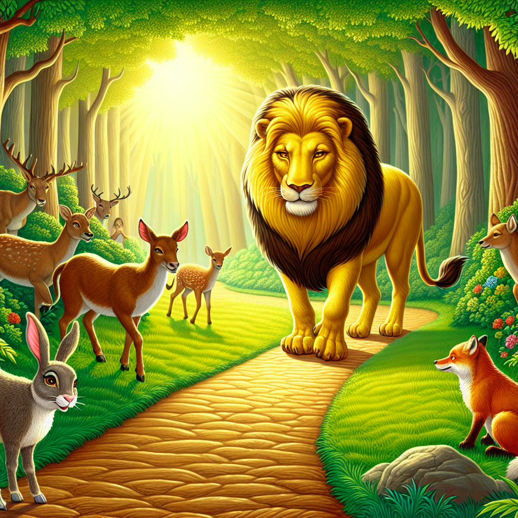 Colorful children's illustration for the story: The Lion and the Donkey