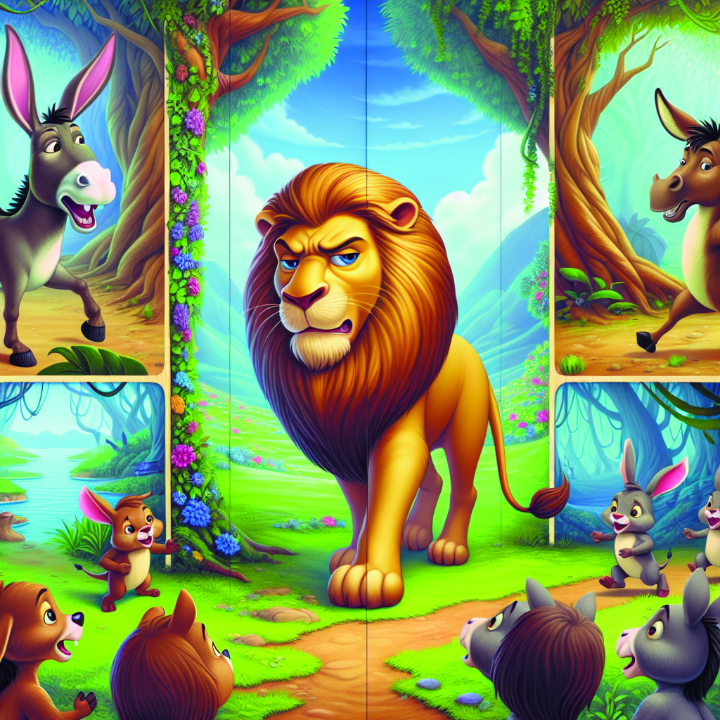 Colorful cartoon storyboard showing 8 key scenes from The Lion and the Donkey