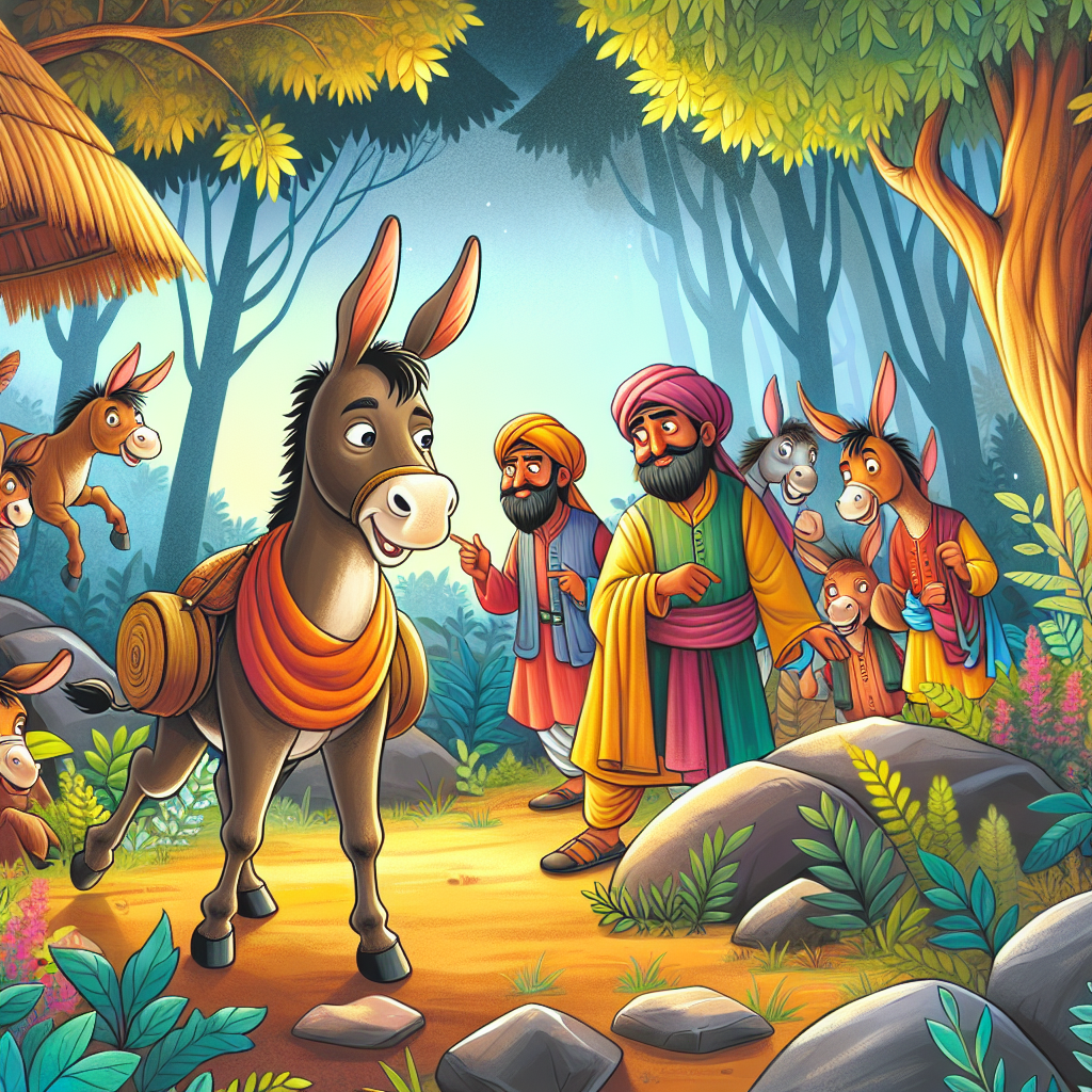 Colorful children's illustration for the story: The Donkey and the Lion