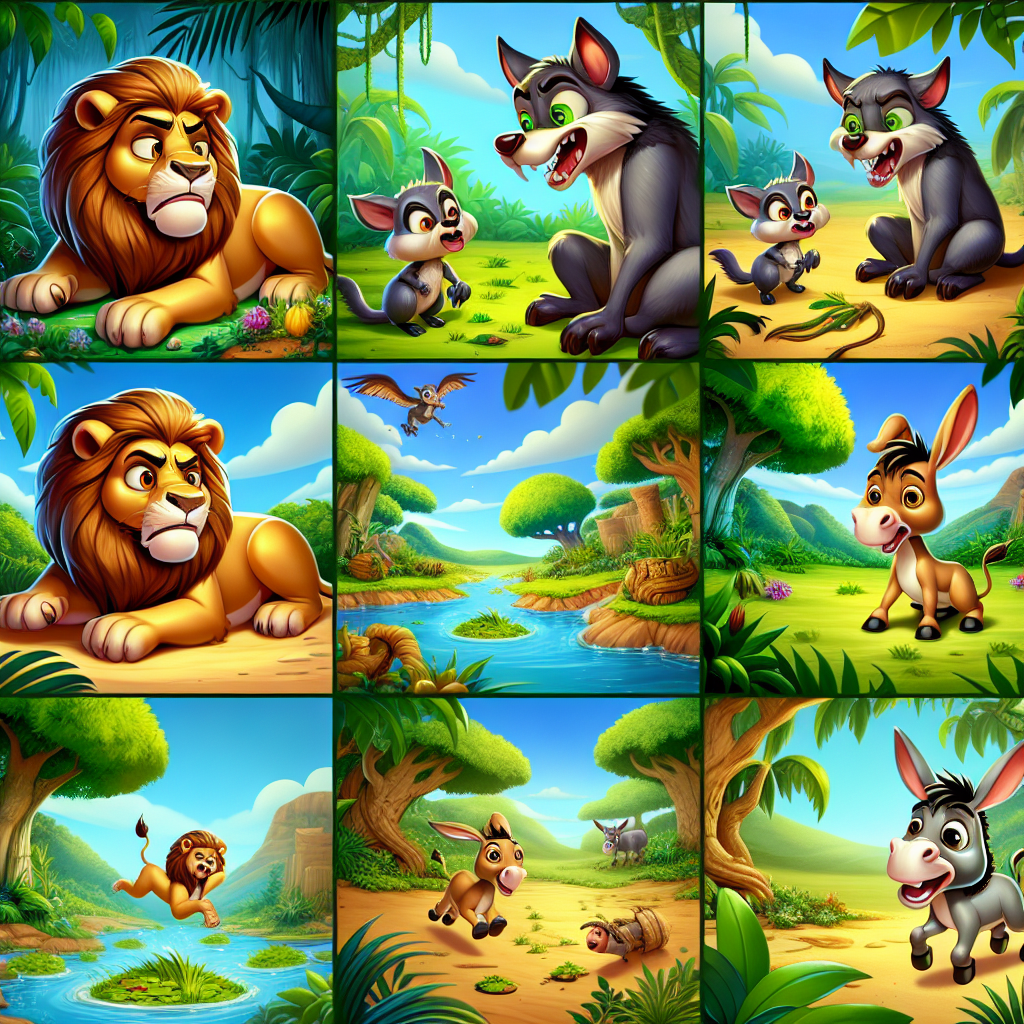 Colorful cartoon storyboard showing 8 key scenes from The Donkey and the Lion