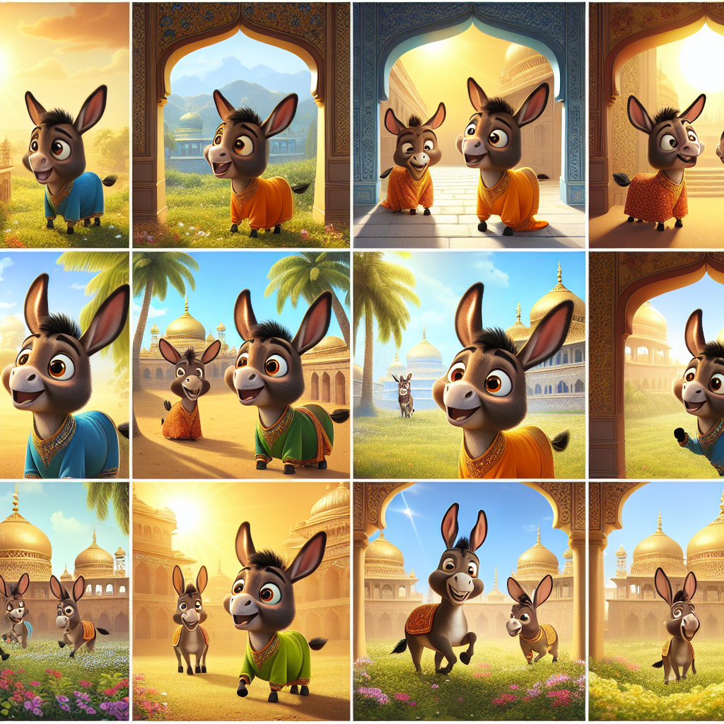 Colorful cartoon storyboard showing 8 key scenes from The Donkey's Revenge
