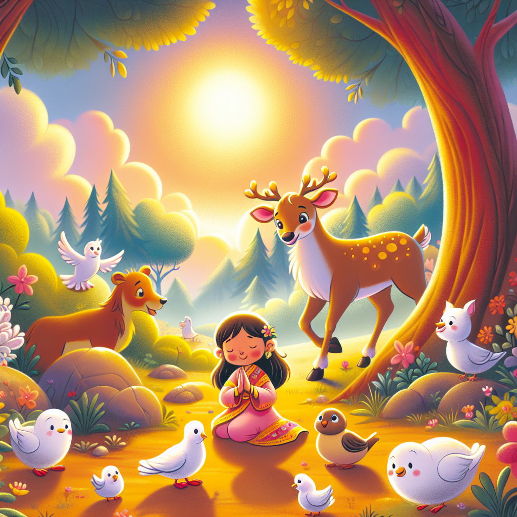 Colorful children's illustration for the story: The Dove and the Hunter
