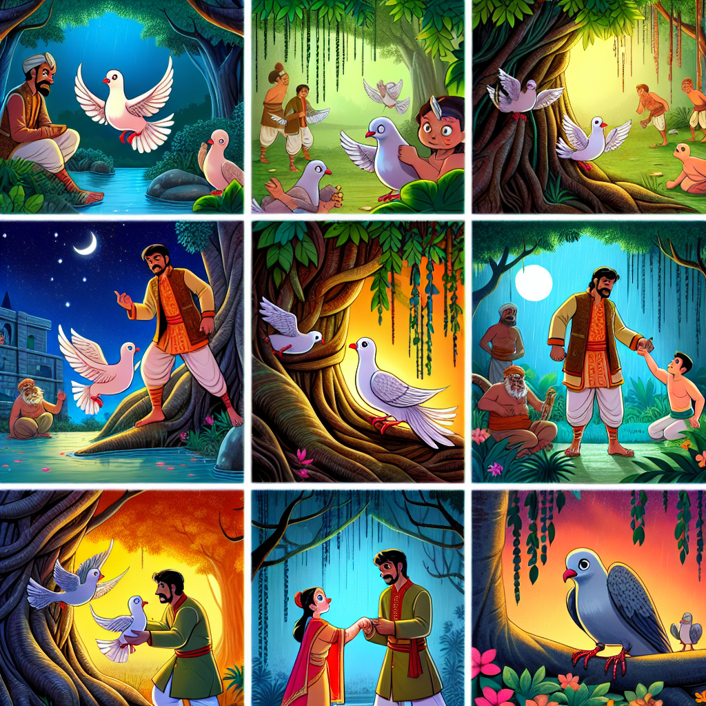 Colorful cartoon storyboard showing 8 key scenes from The Dove and the Hunter