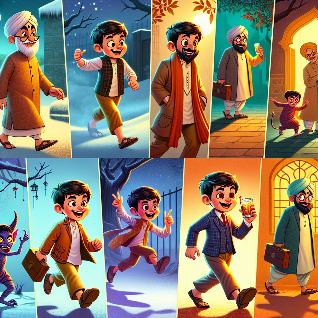 Colorful cartoon storyboard showing 8 key scenes from The Dream of Cranky Krish