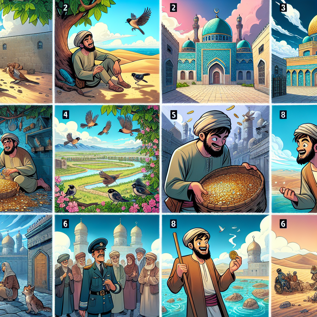 Colorful cartoon storyboard showing 8 key scenes from The Treasure of the Blue Mosque