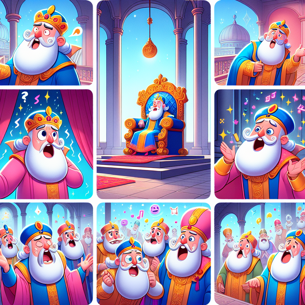 Colorful cartoon storyboard showing 8 key scenes from The Dream of Akbar