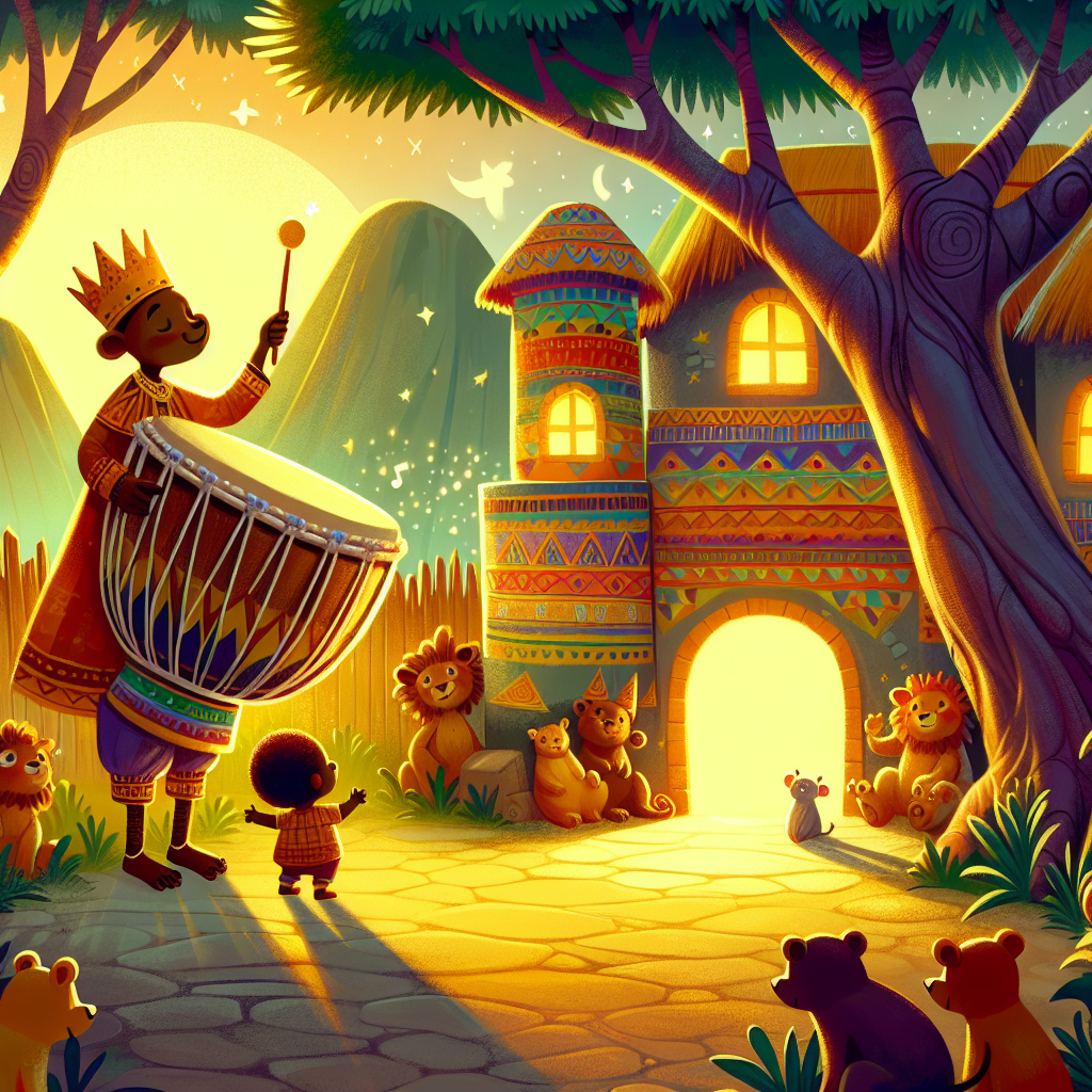 Colorful children's illustration for the story: The Drum That Fed a Kingdom