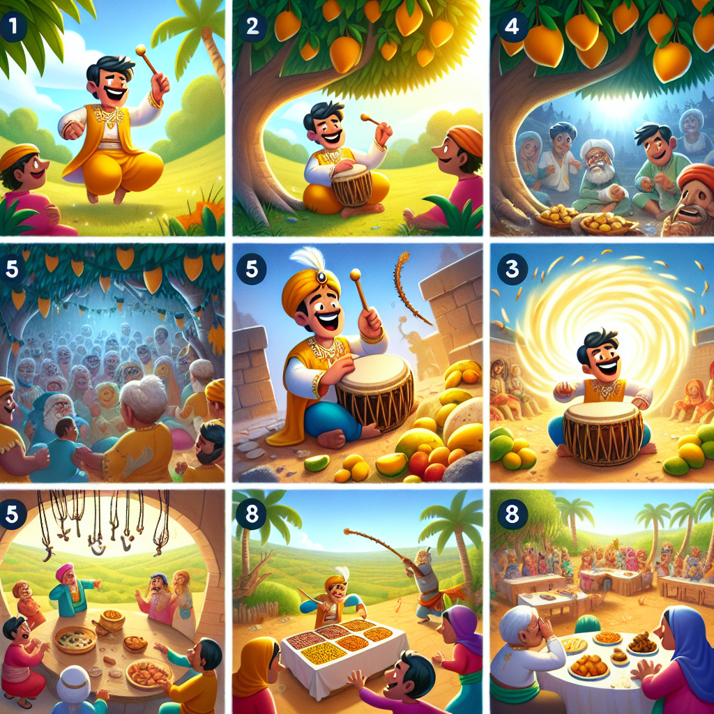 Colorful cartoon storyboard showing 8 key scenes from The Drum That Fed a Kingdom