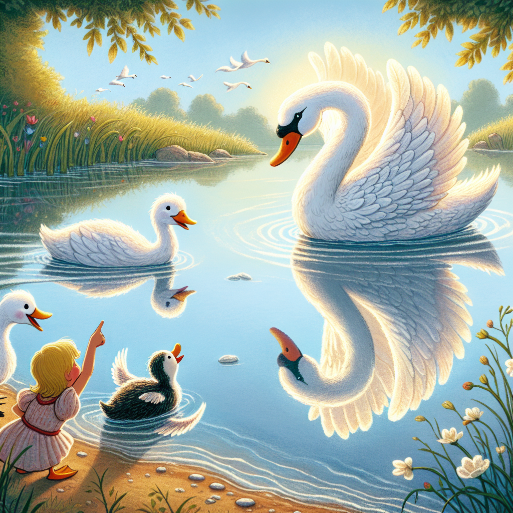 Colorful children's illustration for the story: The Ugly Duckling