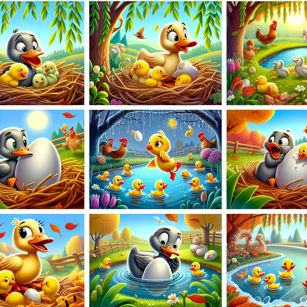 Colorful cartoon storyboard showing 8 key scenes from The Ugly Duckling