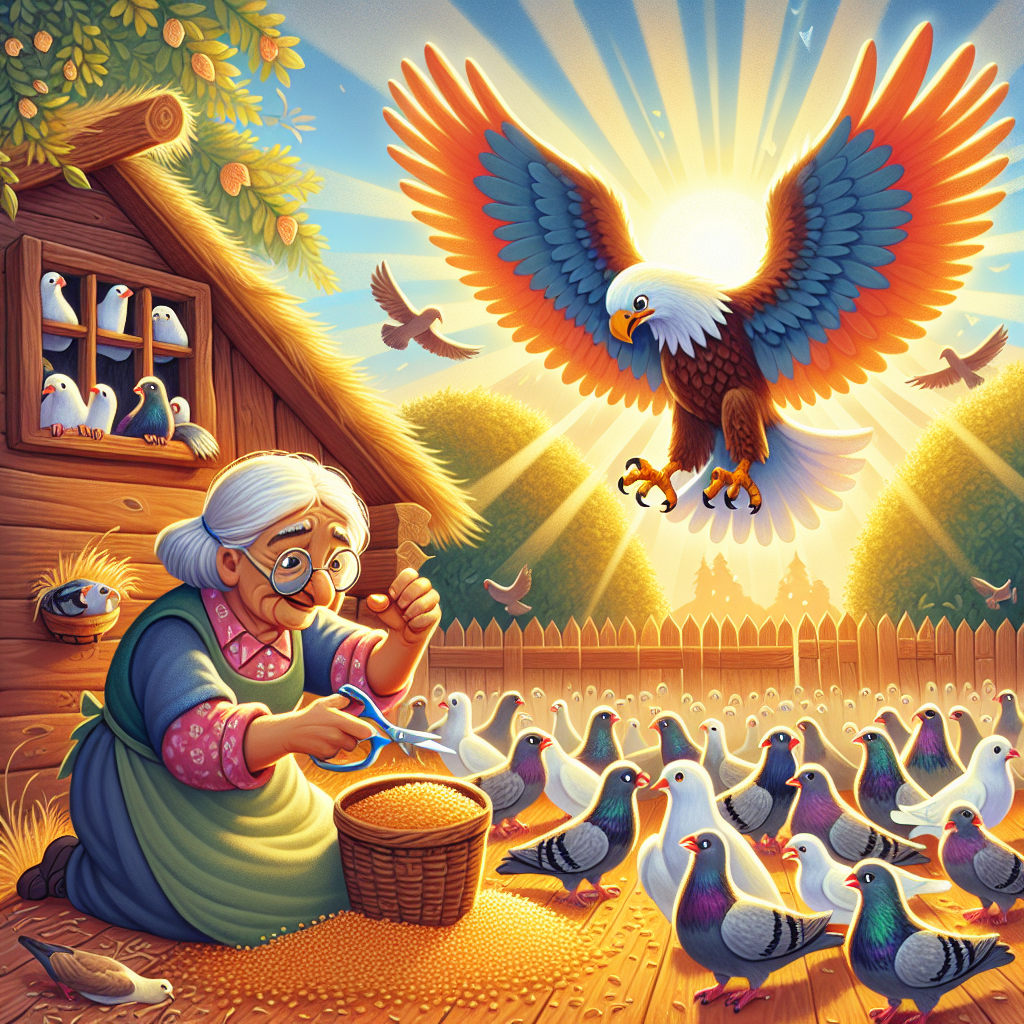 Colorful children's illustration for the story: The Eagle in the Pigeon Coop