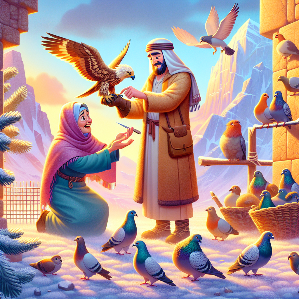 Colorful cartoon storyboard showing 8 key scenes from The Eagle in the Pigeon Coop