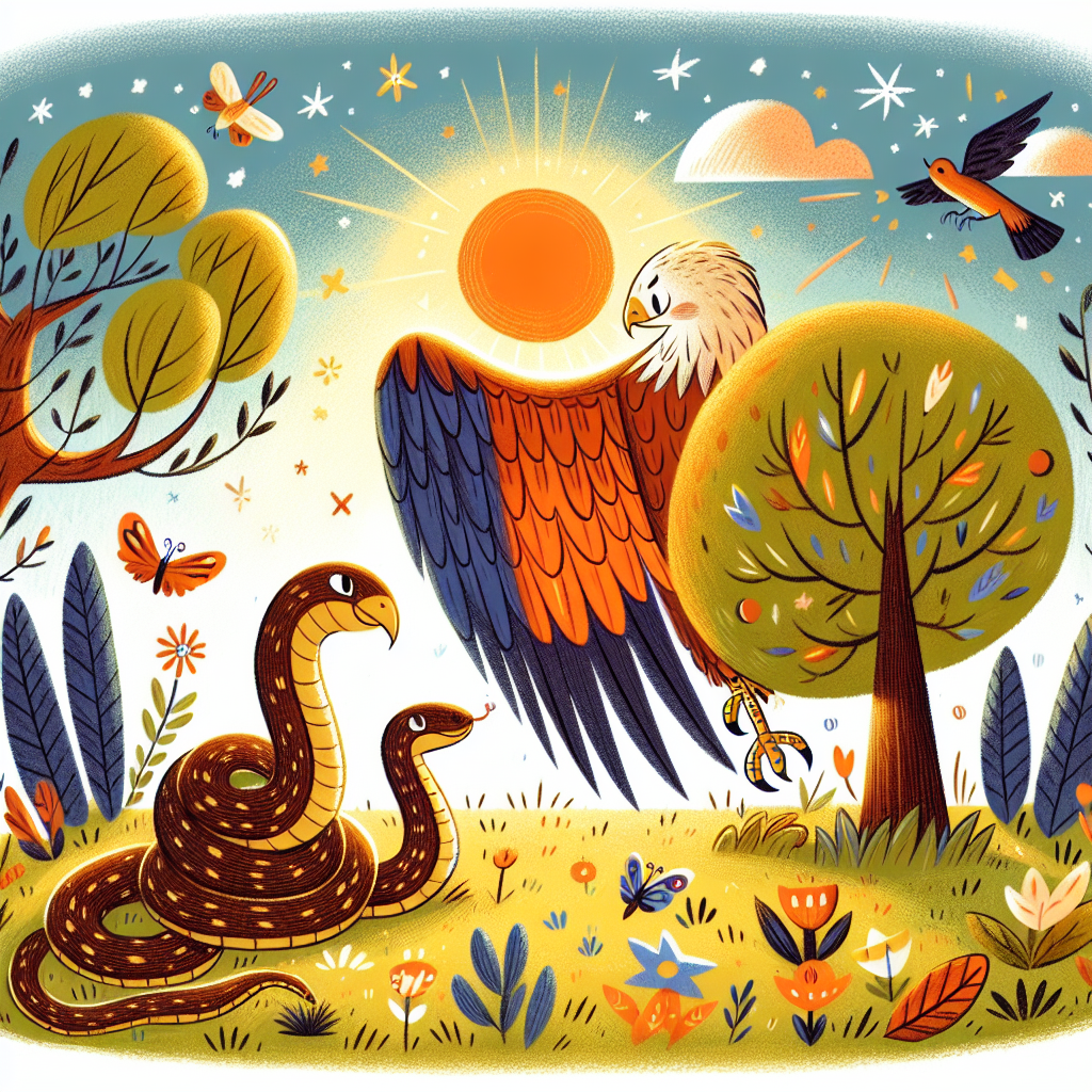 Colorful children's illustration for the story: The Eagle and the Snake