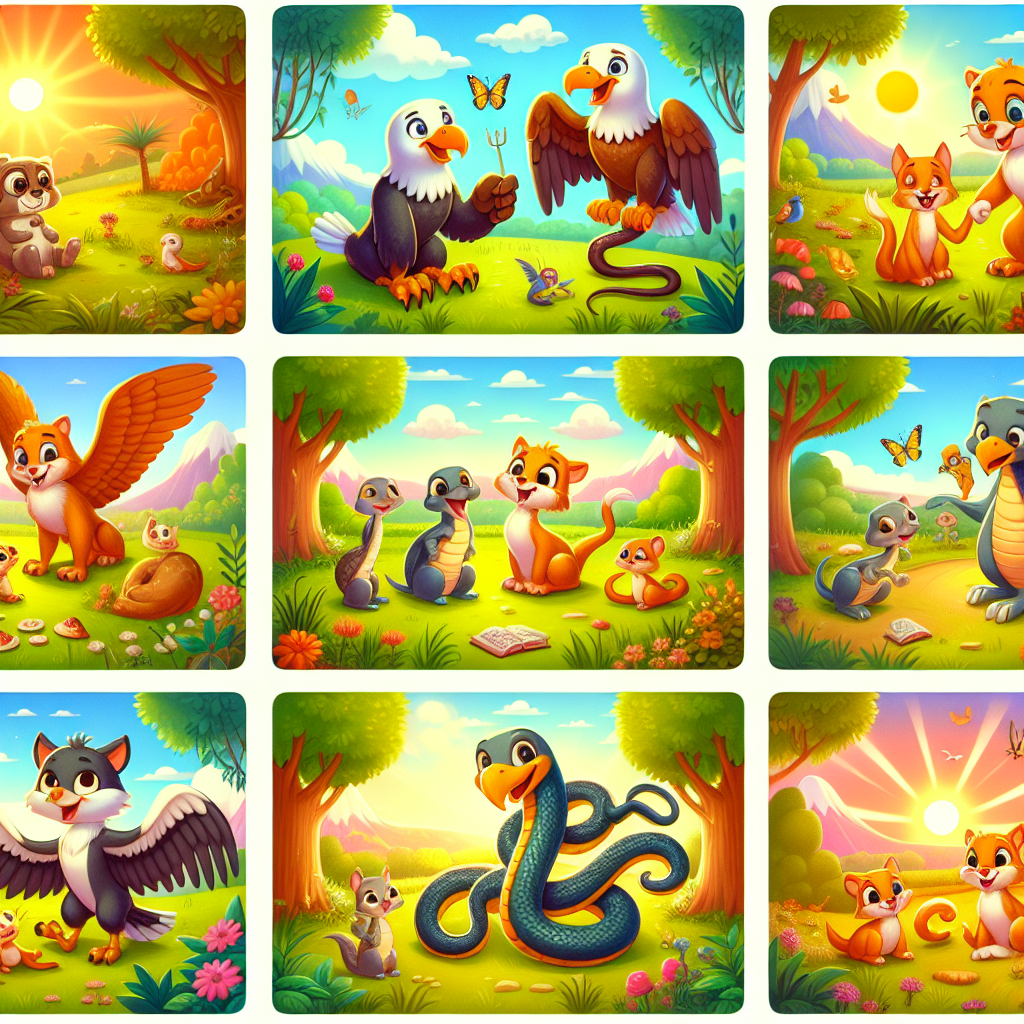 Colorful cartoon storyboard showing 8 key scenes from The Eagle and the Snake