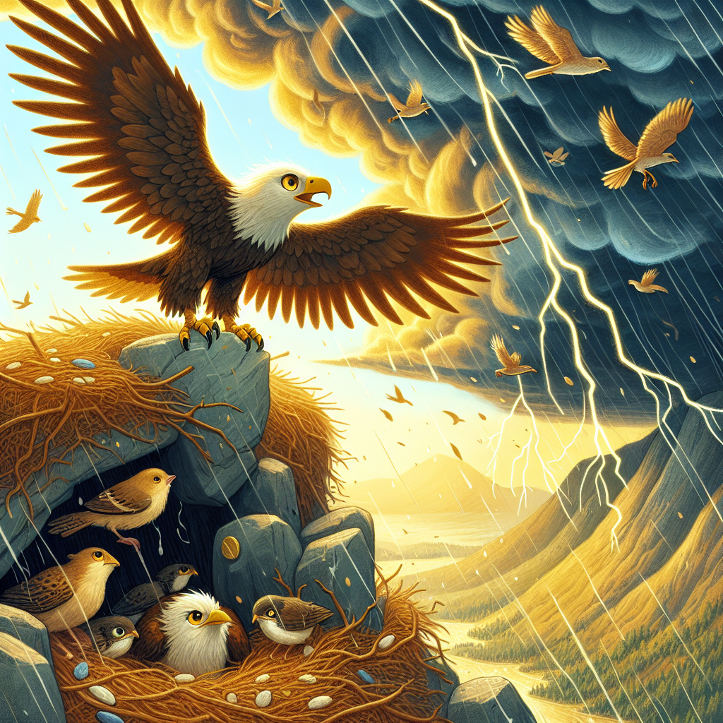 Colorful children's illustration for the story: The Eagle Who Soared Above the Storm