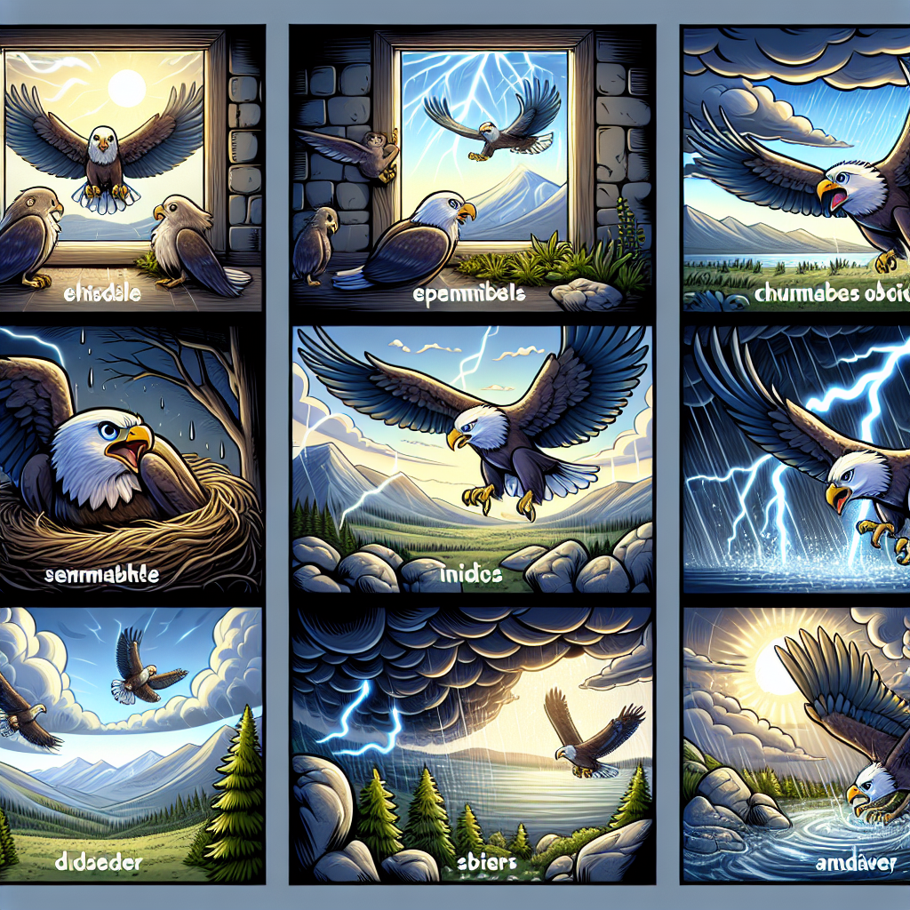 Colorful cartoon storyboard showing 8 key scenes from The Eagle Who Soared Above the Storm