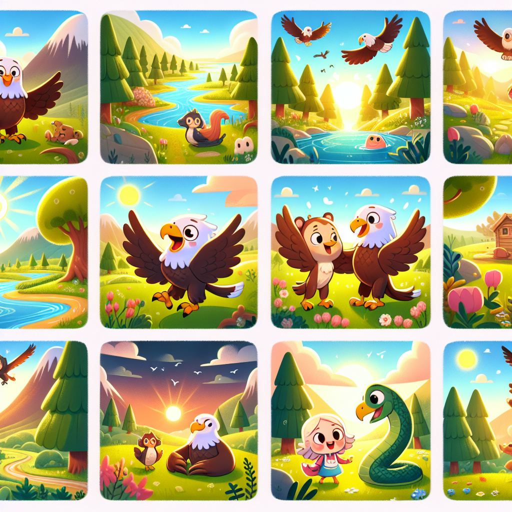 Colorful cartoon storyboard showing 8 key scenes from The Eagle and the Serpent