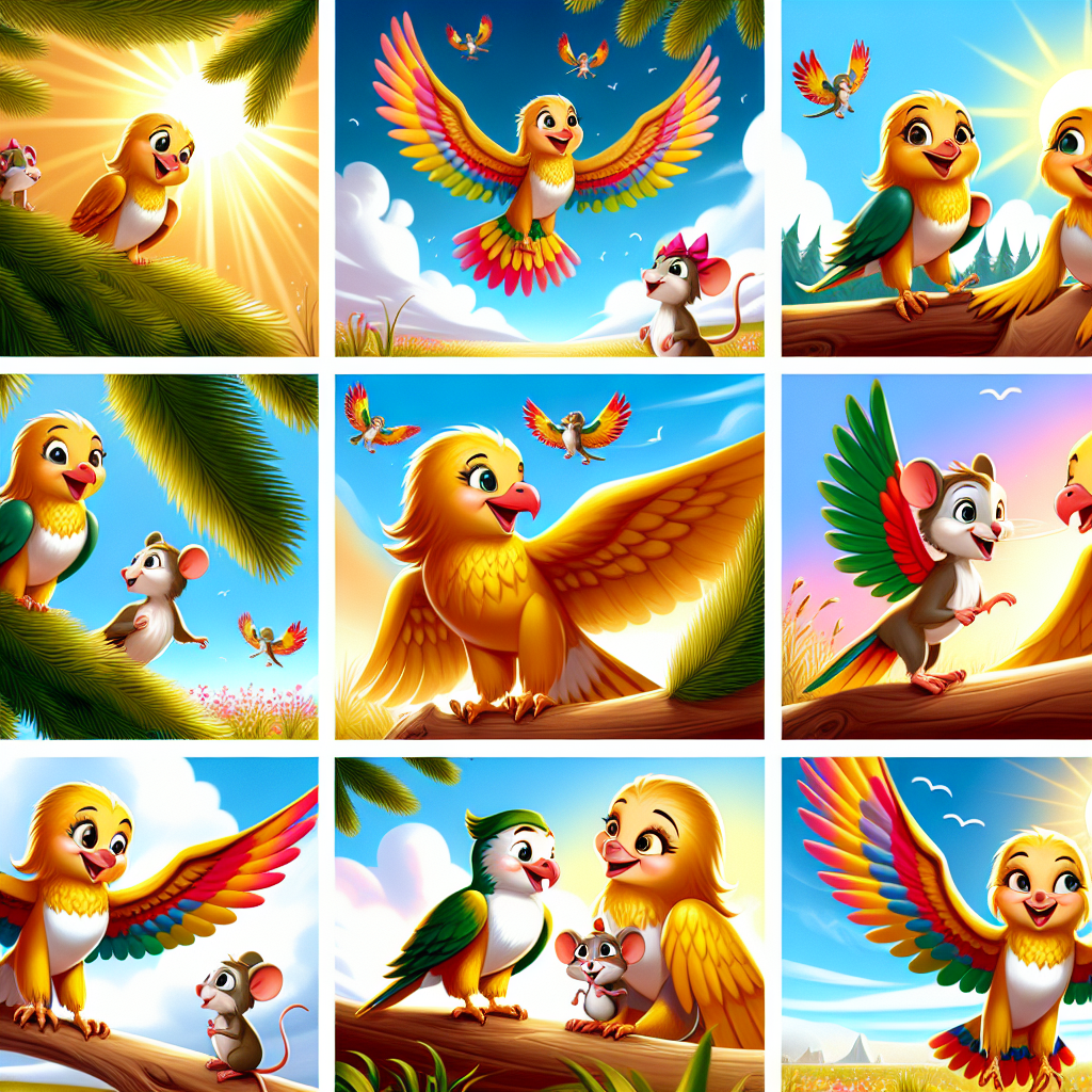 Colorful cartoon storyboard showing 8 key scenes from The Eagle and the Kite
