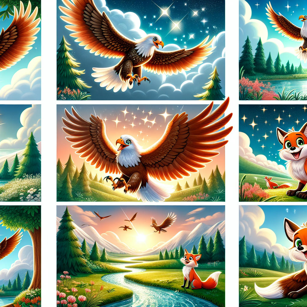 Colorful cartoon storyboard showing 8 key scenes from The Eagle and the Fox