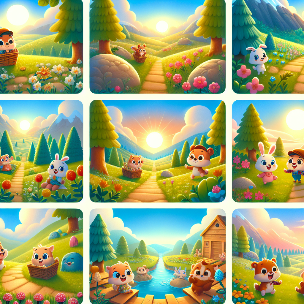 Colorful cartoon storyboard showing 8 key scenes from The Echo of the Mountain