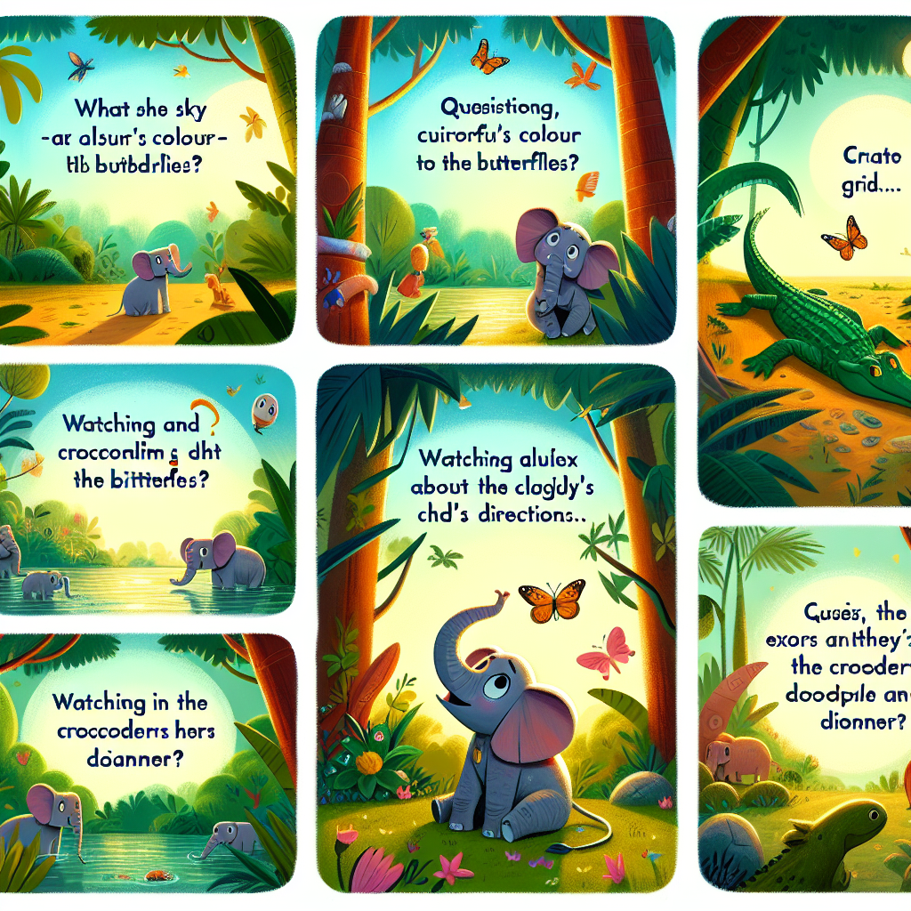 Colorful cartoon storyboard showing 8 key scenes from Ellie's Curious Question