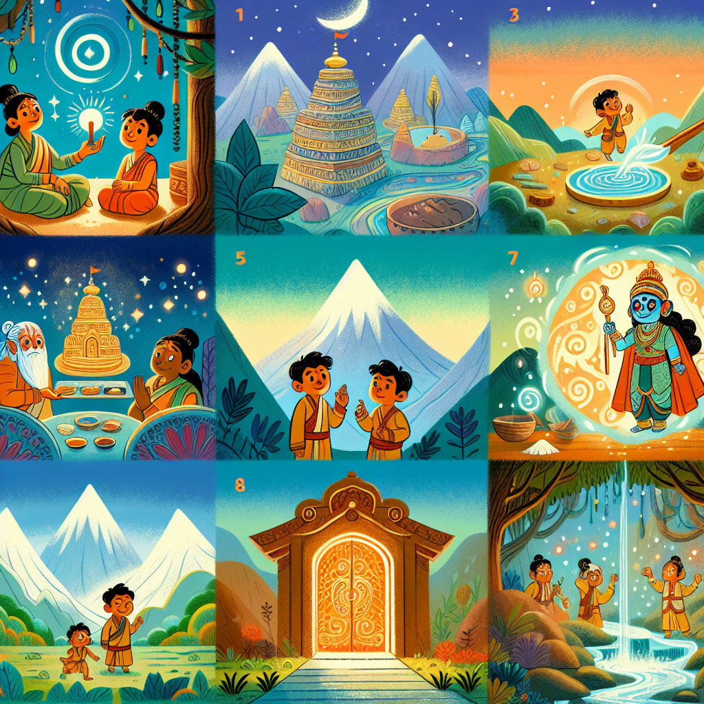 Colorful cartoon storyboard showing 8 key scenes from The Guardian of the Door