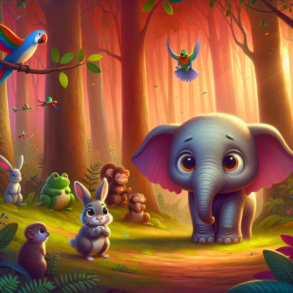 Colorful children's illustration for the story: The Elephant Who Sought a Friend